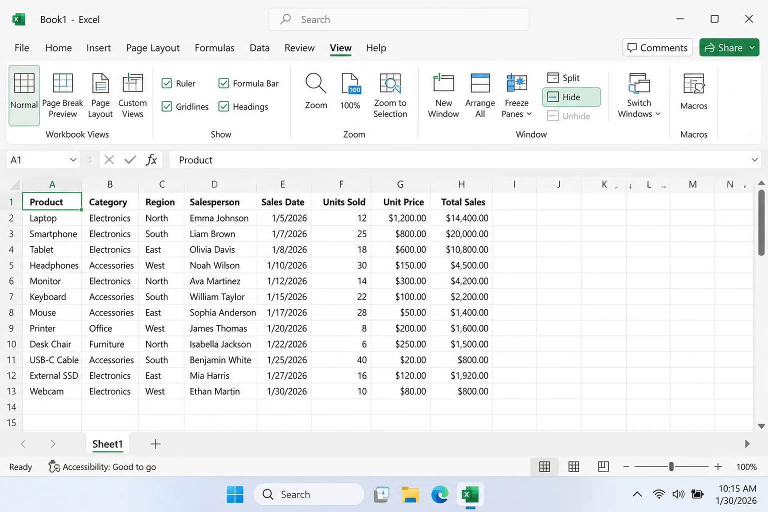 Excel View tab with the Hide command highlighted in the Window group