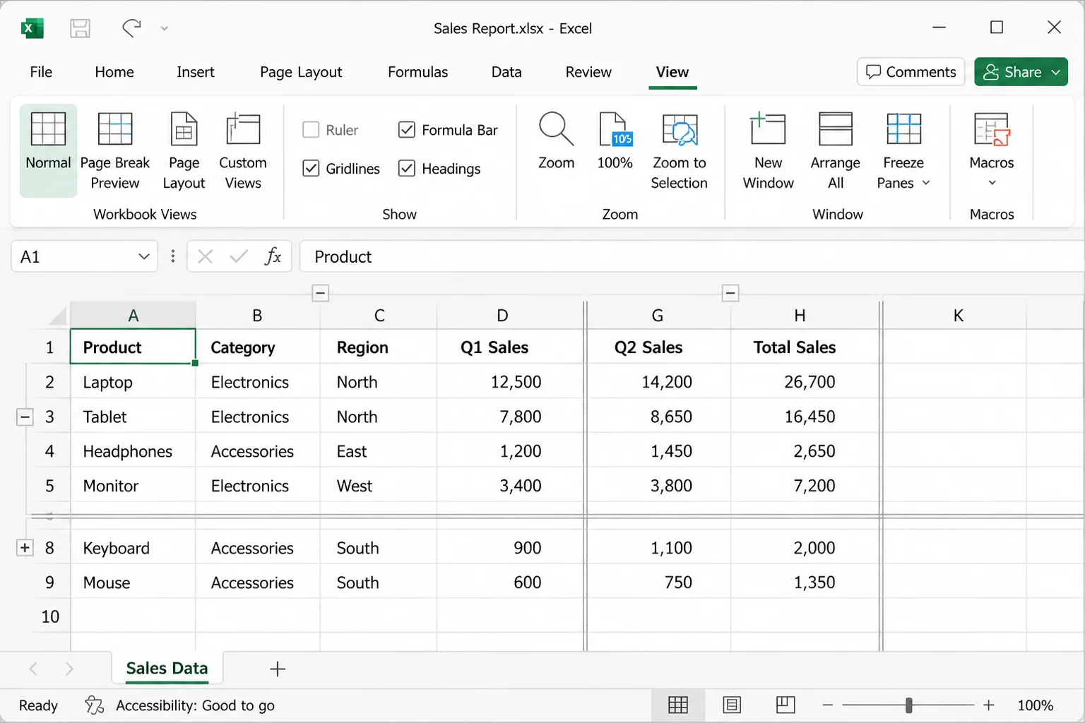 Excel worksheet showing skipped row numbers and column letters with boundary lines marking hidden rows and columns