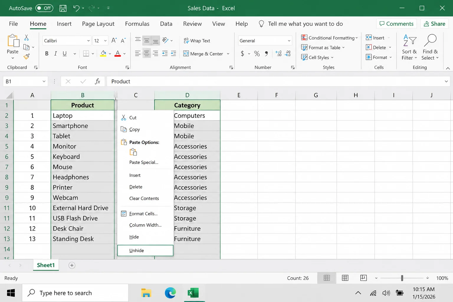 Excel worksheet with columns on both sides of a hidden column selected and the right-click menu showing Unhide
