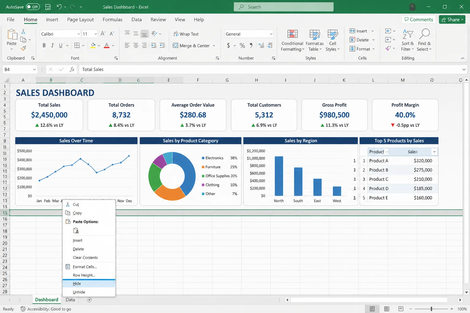 Excel dashboard with all unused rows below the working area selected and the right-click menu showing Hide