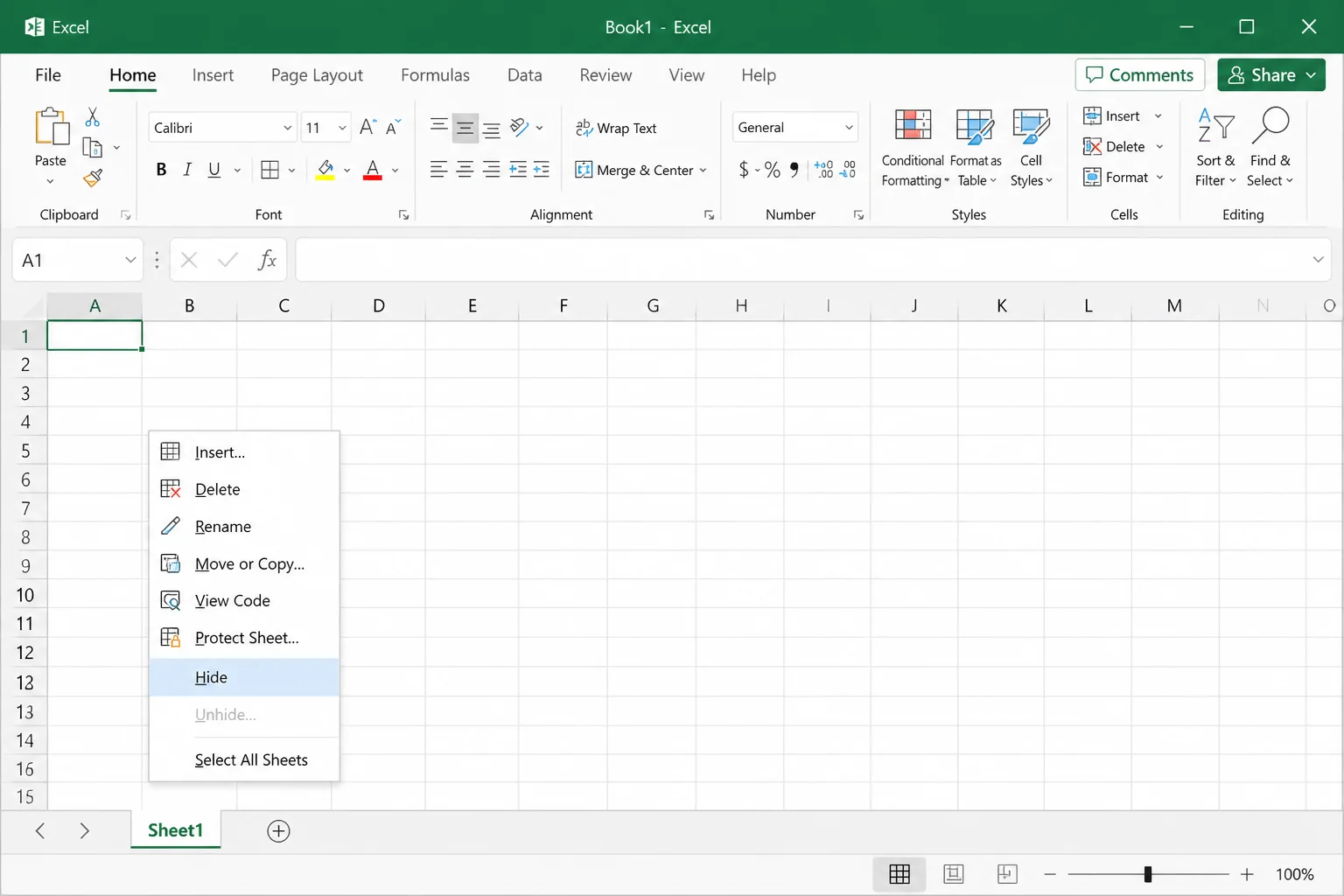 Excel for Microsoft 365 sheet tab right-click menu with Hide highlighted