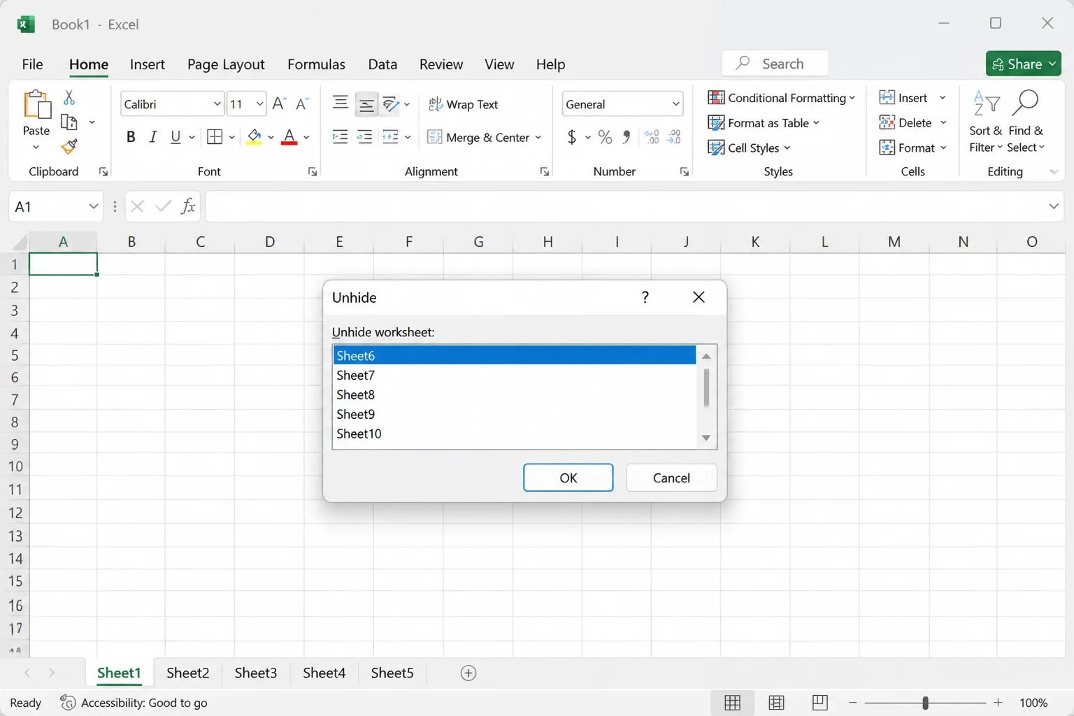 Excel Unhide dialog listing hidden worksheets with one sheet selected and the OK button visible