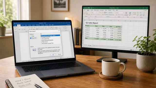Laptop showing a Paste Special dialog beside an external monitor displaying an Excel sales report on a wooden desk in a home office setup.