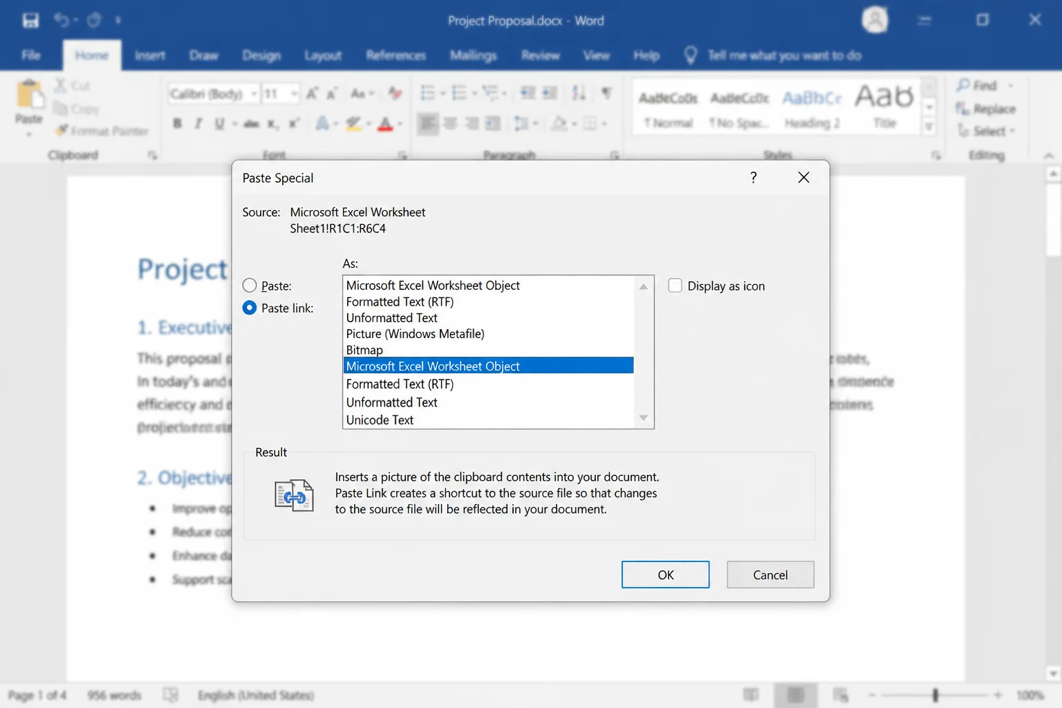 Paste Special dialog open in Word with "Paste link" selected on the left and "Microsoft Excel Worksheet Object" highlighted in the right-hand list