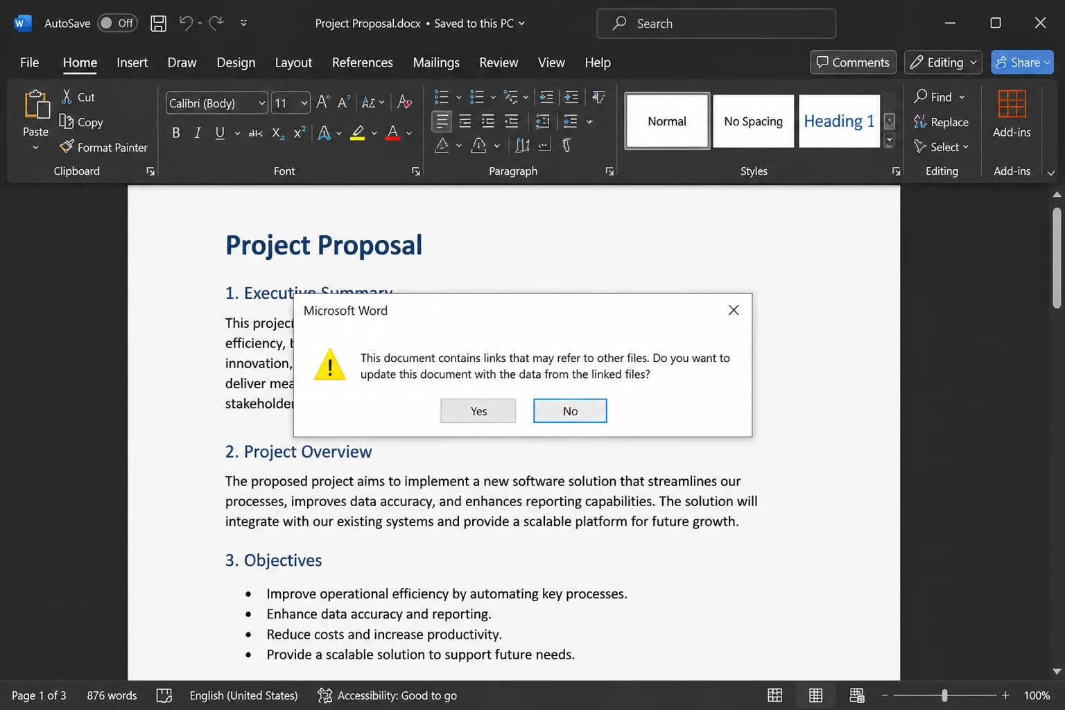 Word dialog box prompting "This document contains links to other files. Do you want to update this document with the data from the linked files?" with Yes and No buttons