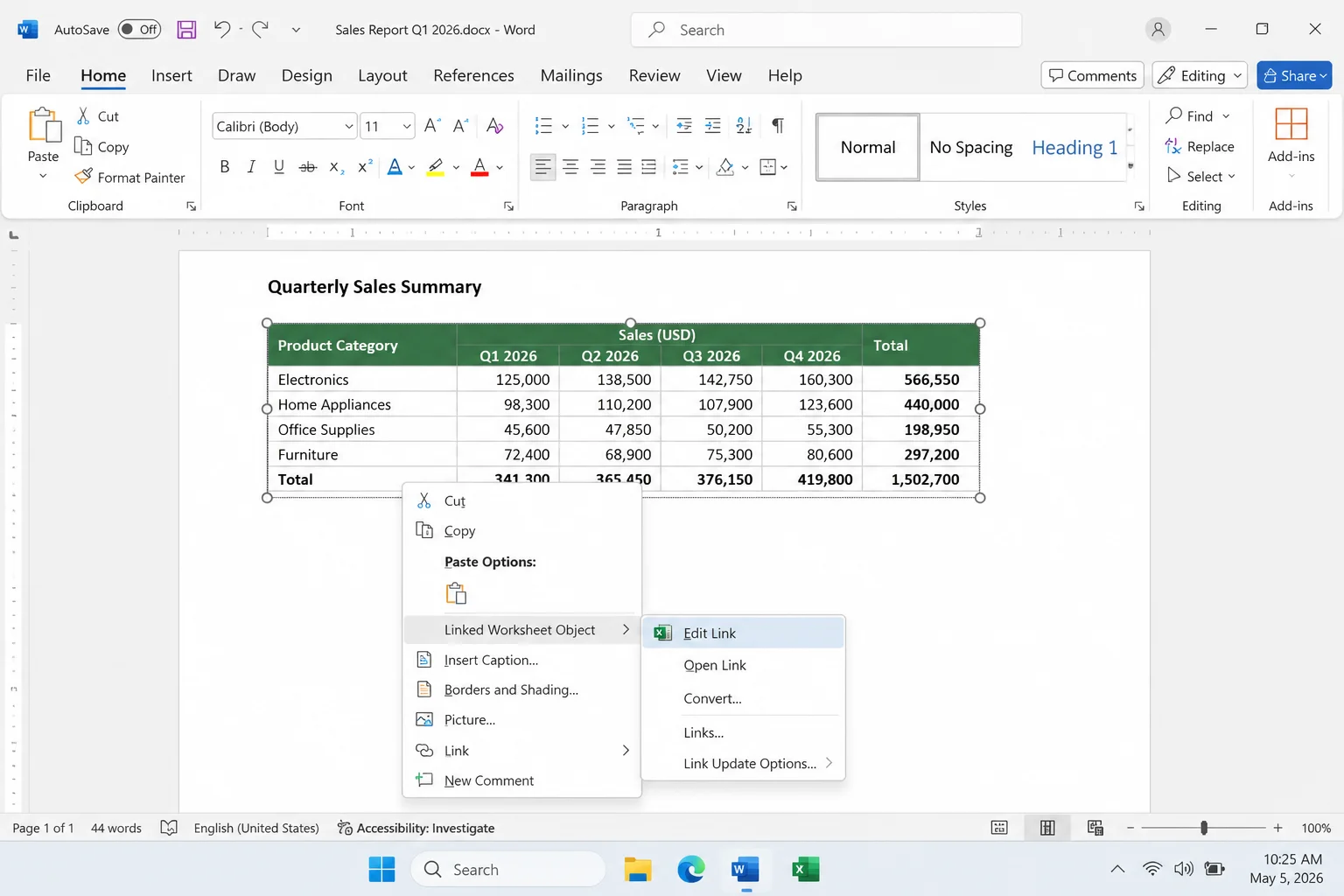 Right-click context menu on a linked Excel table in Word showing the "Linked Worksheet Object" submenu with "Edit Link" option visible