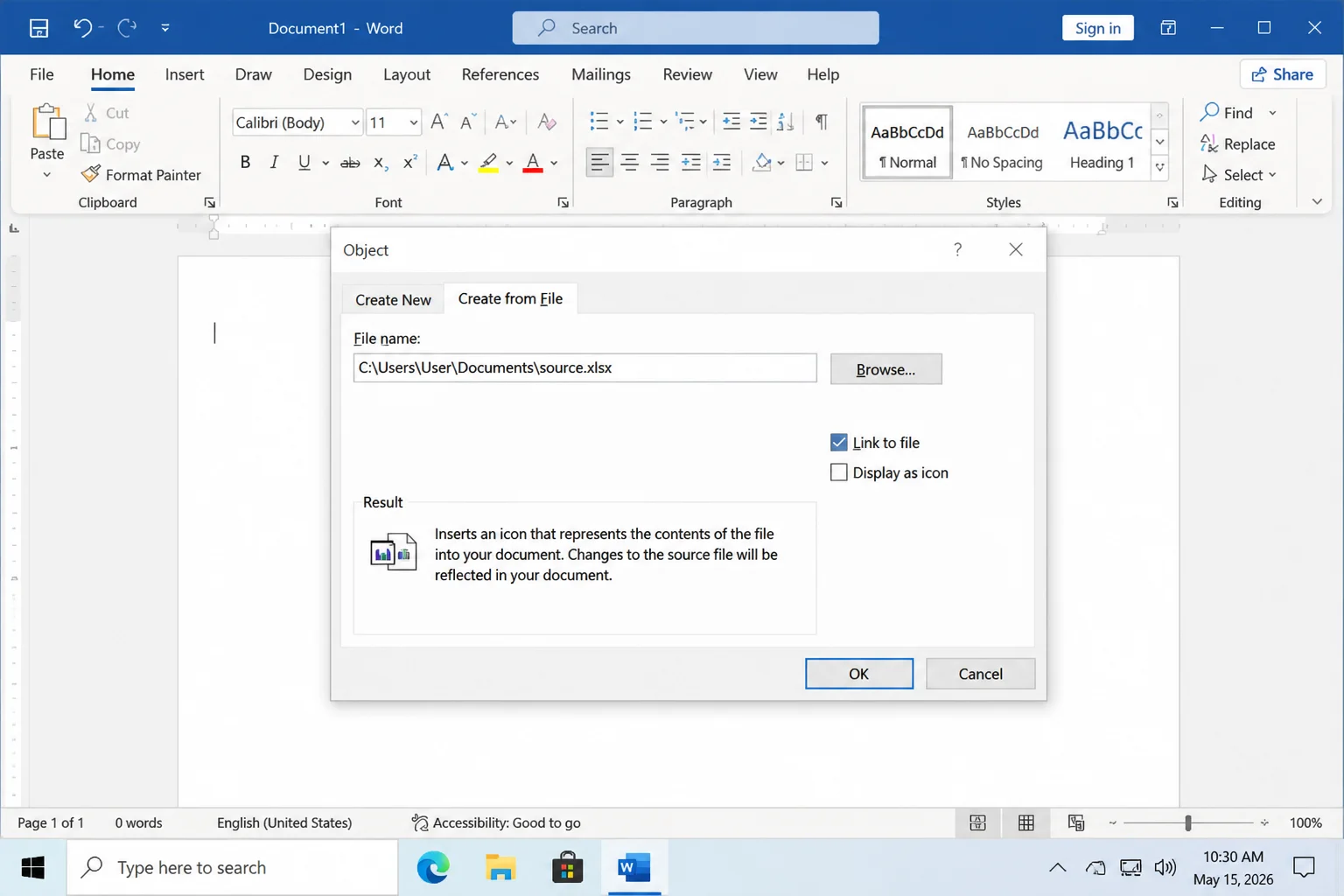 Object dialog in Word on the "Create from File" tab with a file path filled in and the "Link to file" checkbox highlighted