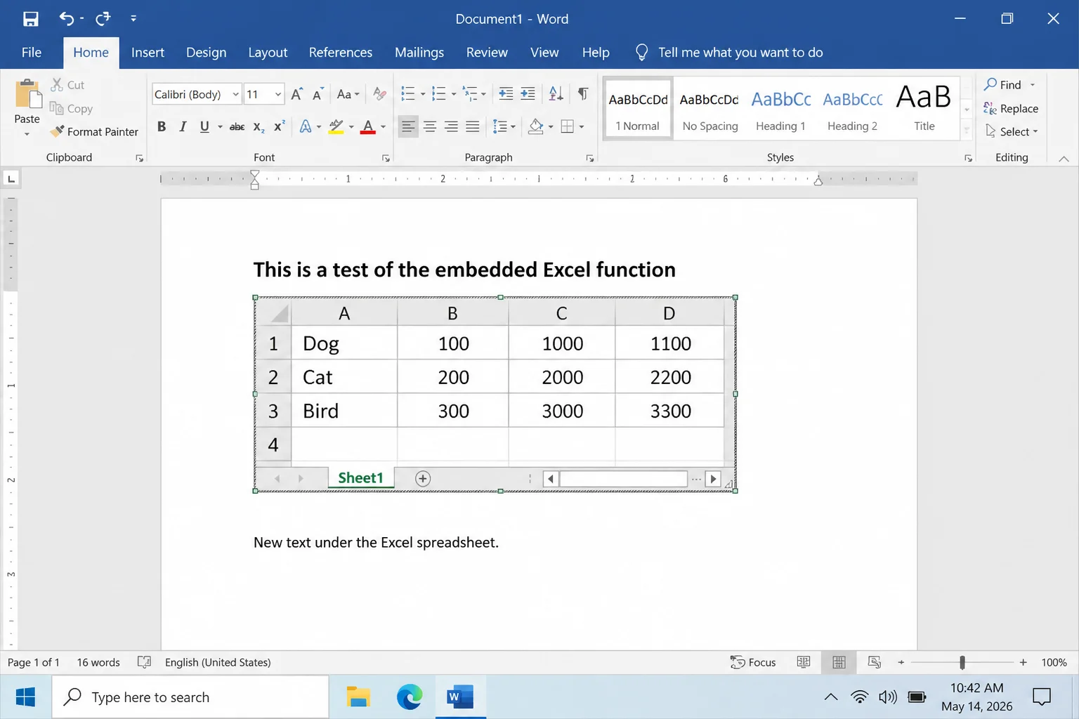 Word document showing an embedded Excel worksheet object with a spreadsheet preview visible inline