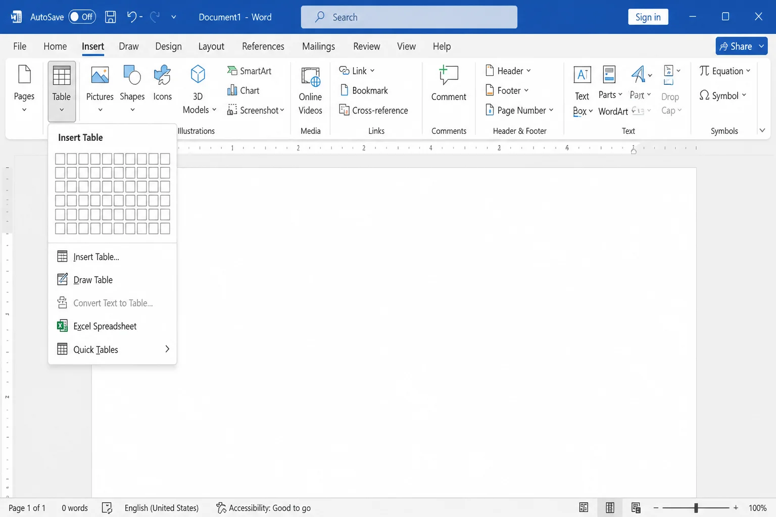 Word Insert tab with the Table dropdown open and "Excel Spreadsheet" visible at the bottom of the list