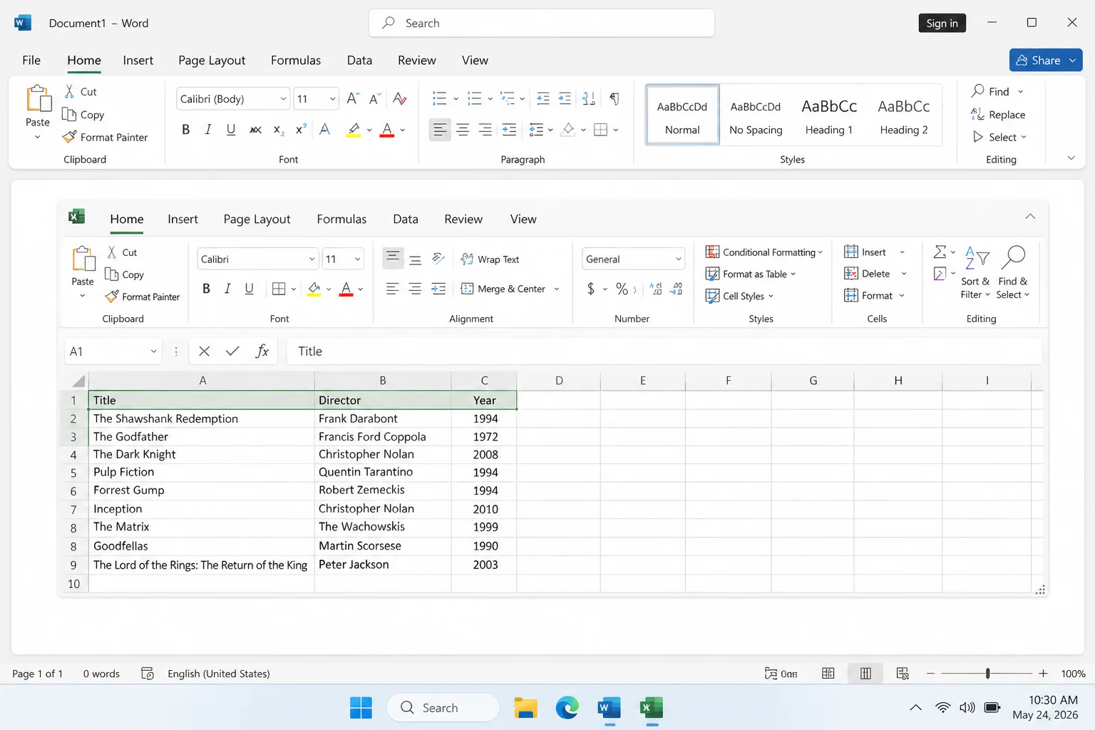 An active embedded Excel worksheet inside a Word document showing the Excel-style ribbon and an editable grid with sample data