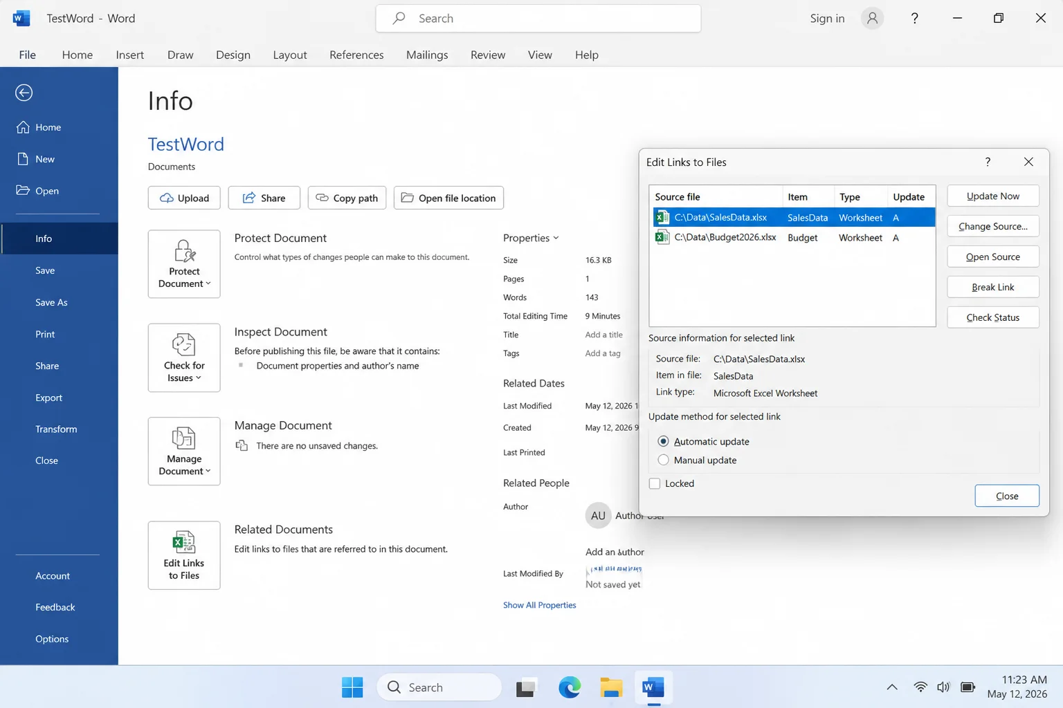 Word File > Info screen with the "Edit Links to Files" dialog open, showing a listed Excel link with Automatic/Manual radio buttons, Update Now button, and Change Source button
