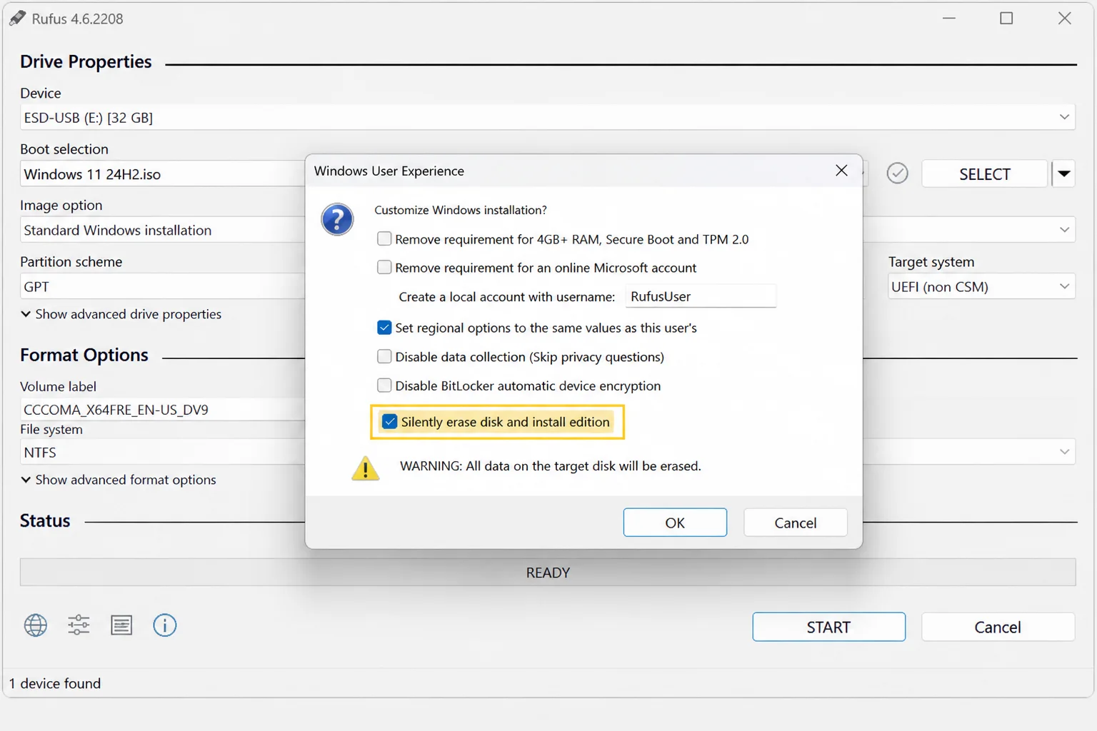 Rufus Windows User Experience dialog with Silently erase disk and install edition highlighted, plus a prominent warning that the target disk will be wiped
