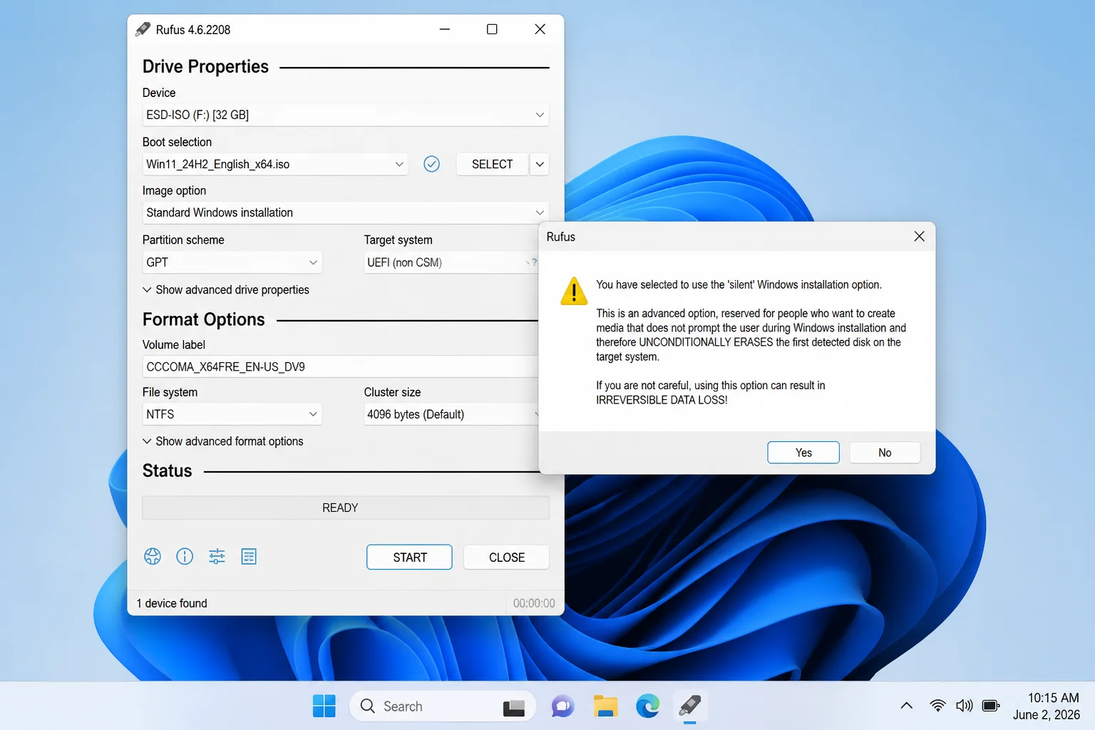 Additional Rufus silent-install confirmation showing required acknowledgements, backup reminder, and automatic destination-disk erasure warning