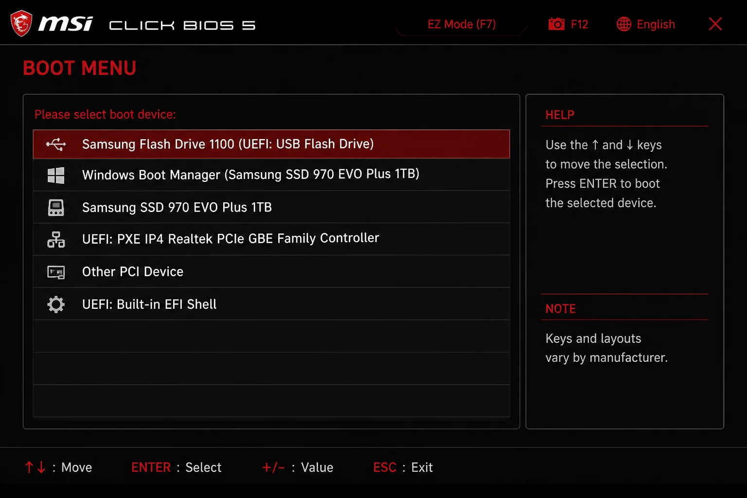 Representative firmware boot menu with the UEFI entry for the Rufus-created USB selected and a note that keys and layouts vary by manufacturer