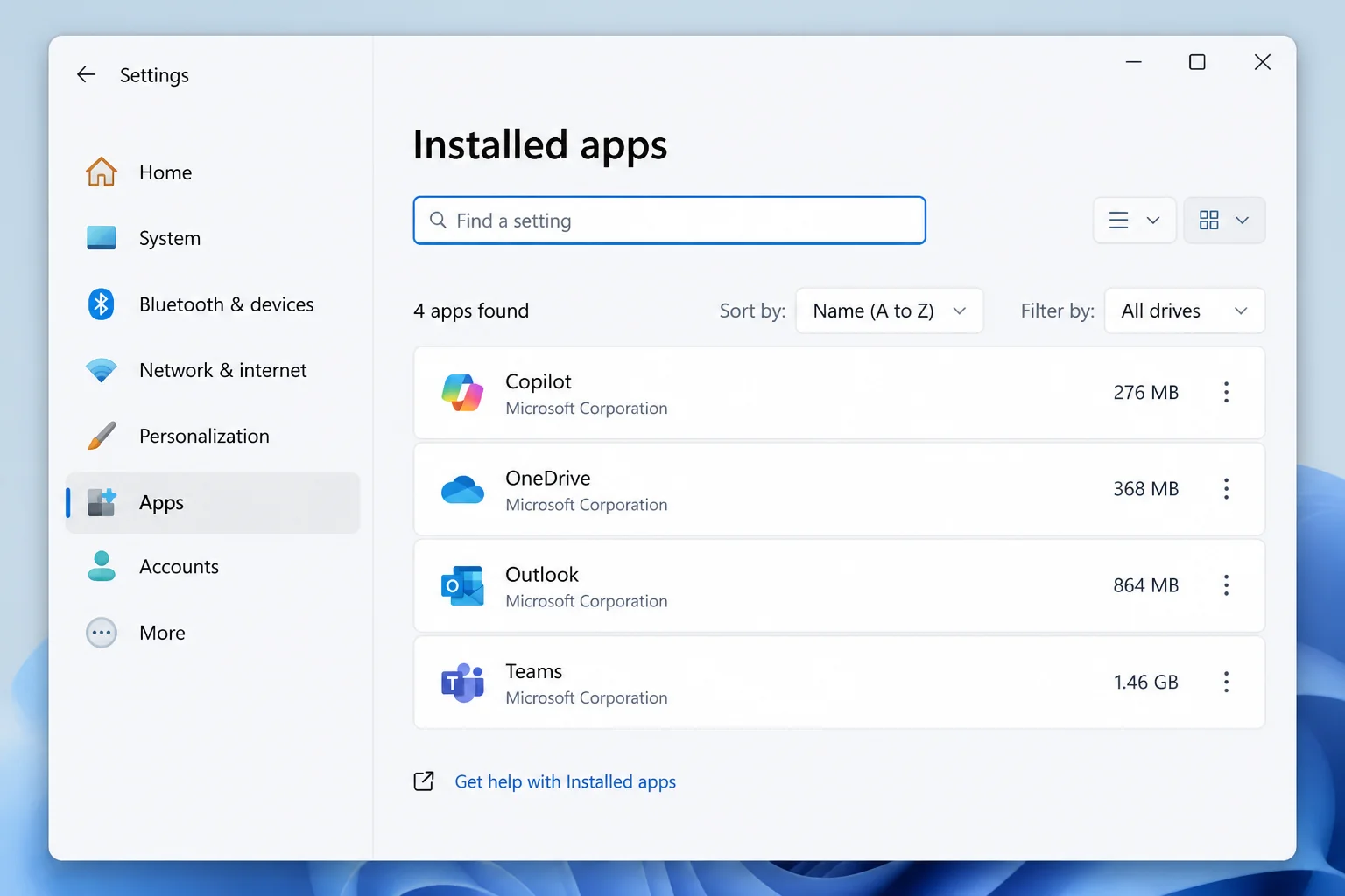Windows 11 Settings Installed apps page with the heading and app search field highlighted for checking Copilot, OneDrive, Outlook, and Teams