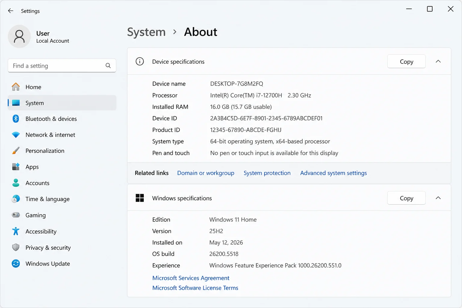 Windows 11 Settings System About page showing Windows specifications and the installed edition