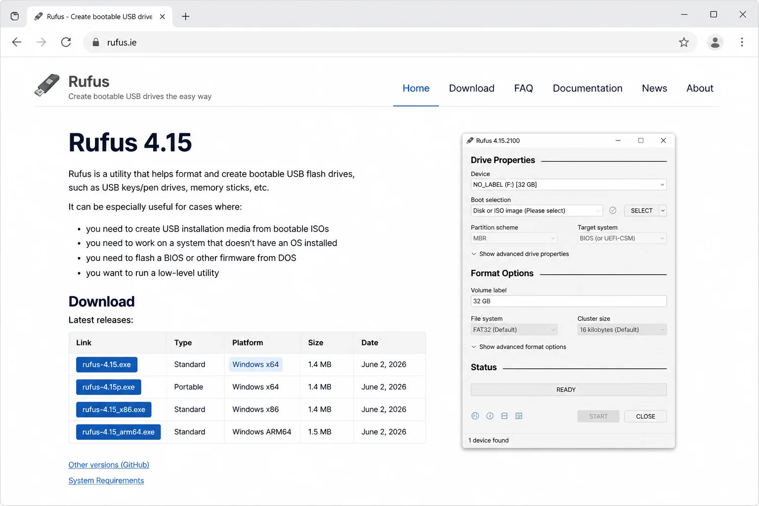 Official Rufus homepage showing Rufus 4.15 and the standard, portable, x86, and ARM64 download choices, with Windows x64 highlighted