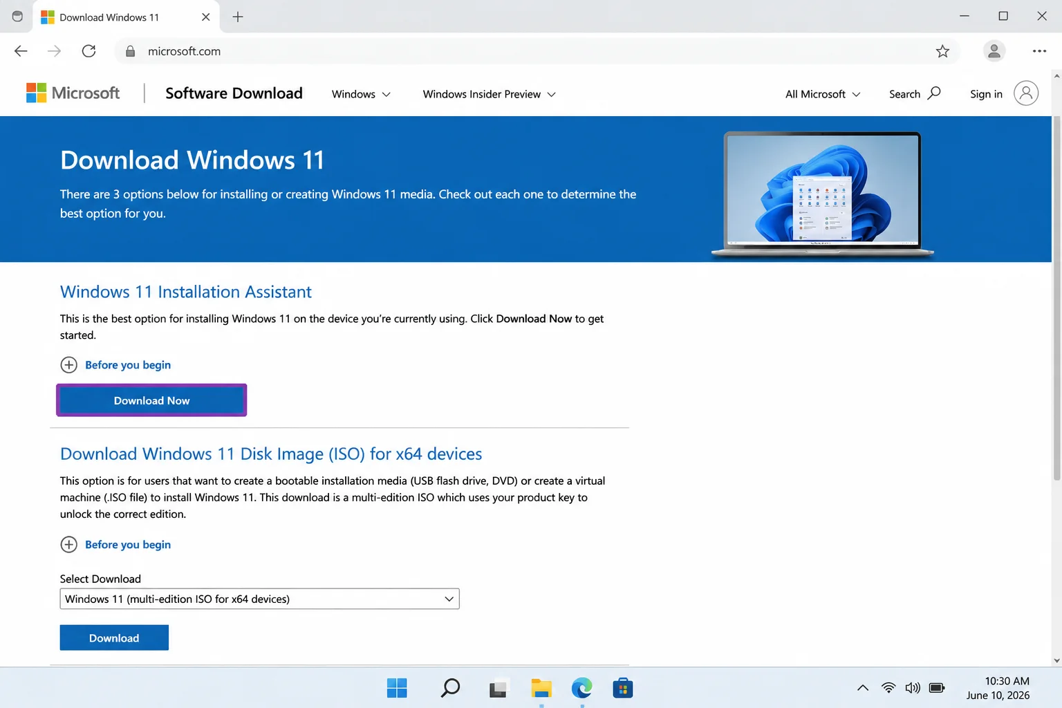Official Microsoft Windows 11 download page at the disk image ISO section with the edition selector and download control highlighted