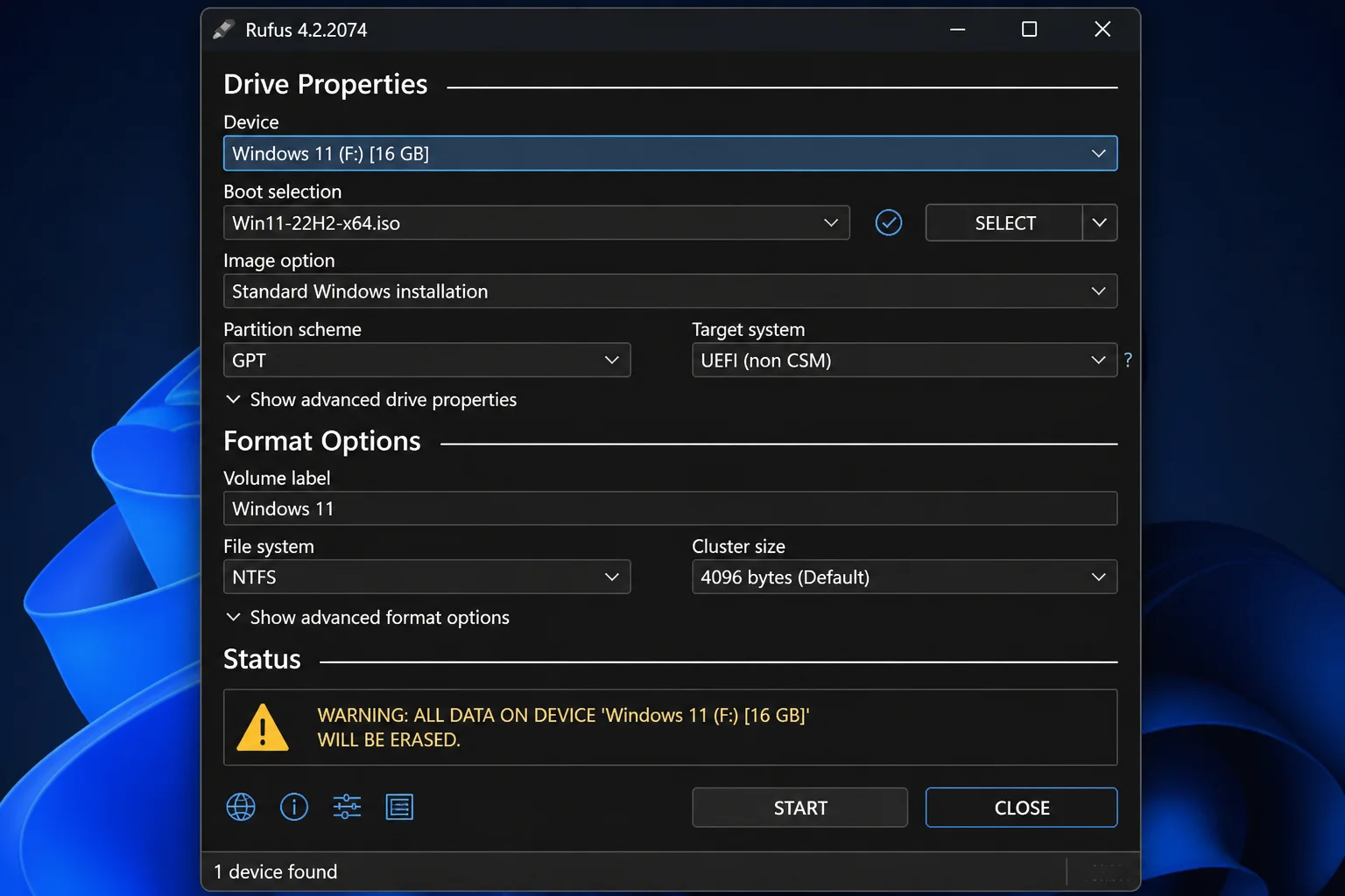 Rufus main window with the Device menu highlighted and a warning that the selected USB will be erased