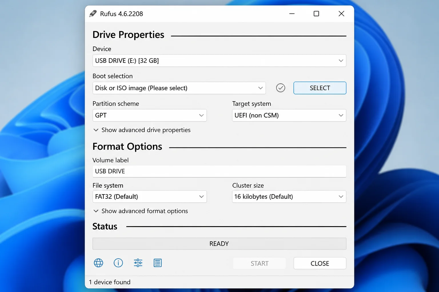 Rufus main window with Boot selection and the SELECT button highlighted