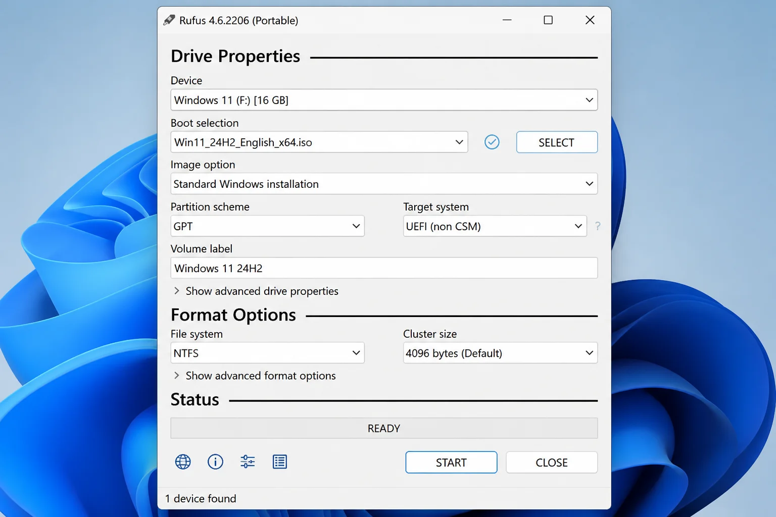 Rufus main window after loading an official Windows 11 ISO, showing Device, Boot selection, partition scheme, target system, volume label, and START