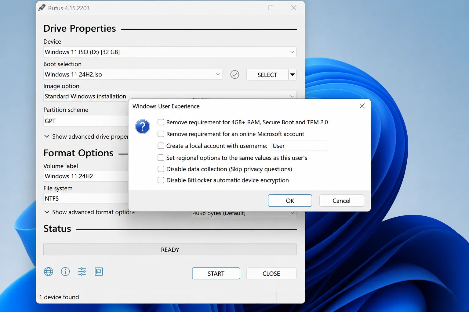Windows User Experience dialog in Rufus 4.15 with Quality of Life Enhancements highlighted as the main cleaner-install option