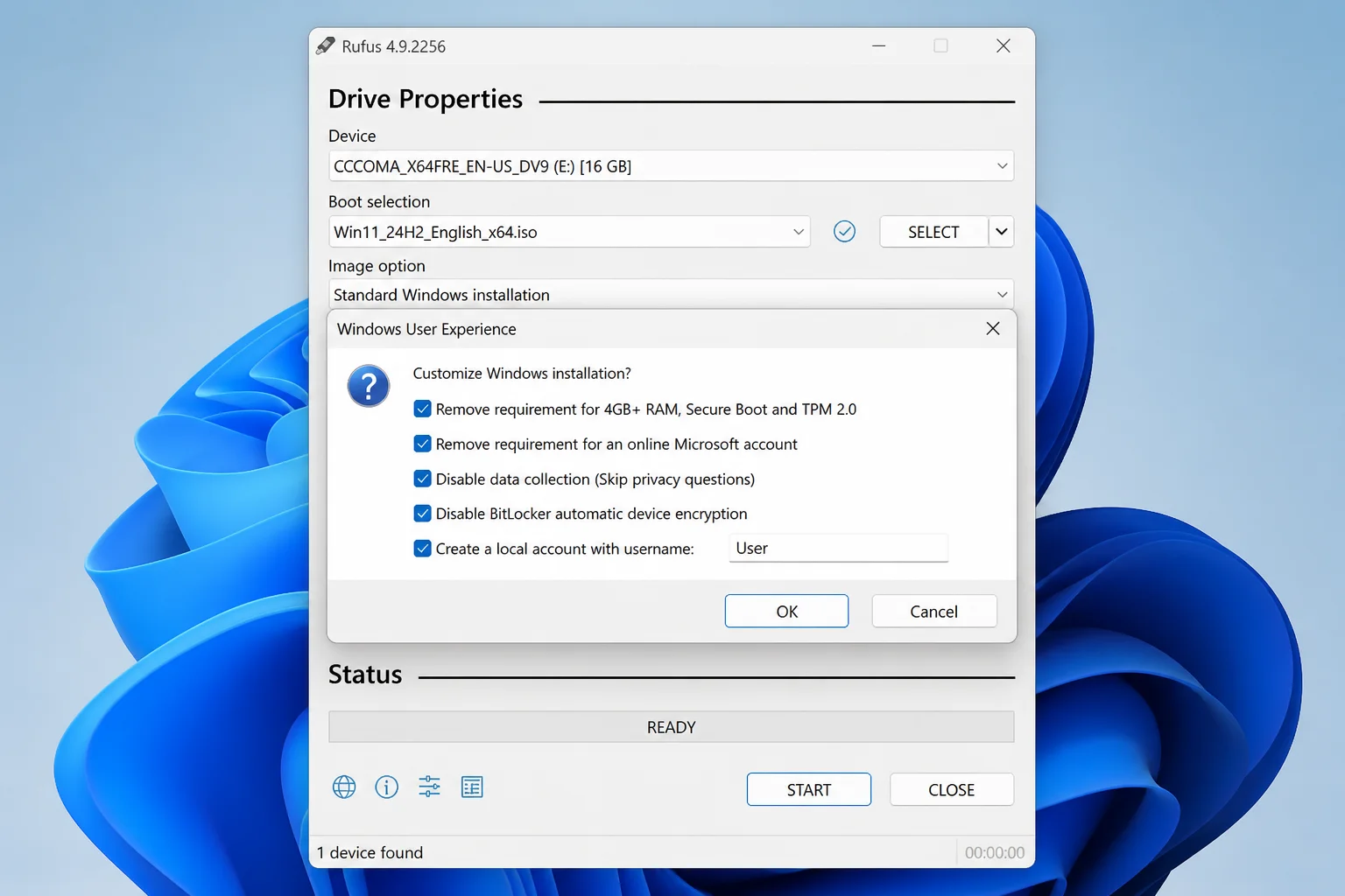 Windows User Experience dialog showing hardware-requirement bypass, online Microsoft account removal, data collection, and automatic device-encryption options highlighted
