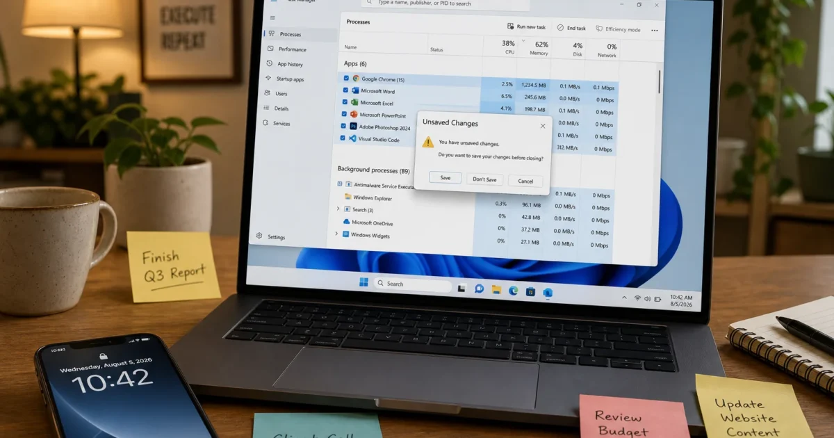 Laptop on a wooden desk displaying Windows Task Manager with an Unsaved Changes dialog; sticky notes read 'Finish Q3 Report' and 'Review Budget Forecast'; phone shows time 10:42.