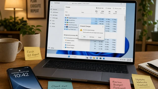 Laptop on a wooden desk displaying Windows Task Manager with an Unsaved Changes dialog; sticky notes read 'Finish Q3 Report' and 'Review Budget Forecast'; phone shows time 10:42.