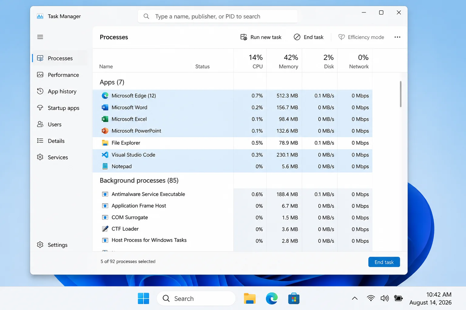 Task Manager Processes tab with multiple apps selected via Ctrl+click and the End task button highlighted