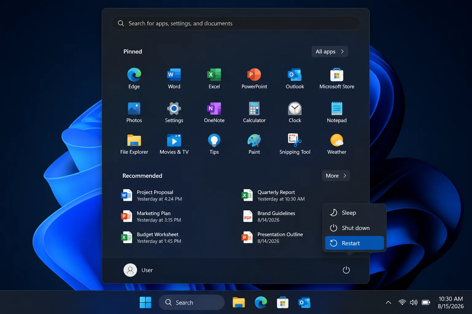 Windows 11 Start menu with the Power icon expanded and the Restart option highlighted