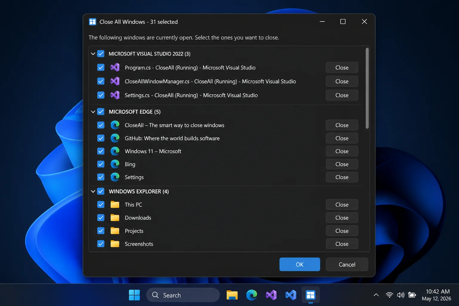 CloseAll utility window showing a list of open program windows with checkboxes, all checked by default, and an OK button