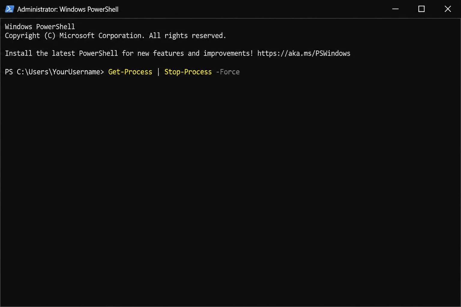 Windows PowerShell running the Get-Process piped to Stop-Process -Force command, with the administrator title bar visible