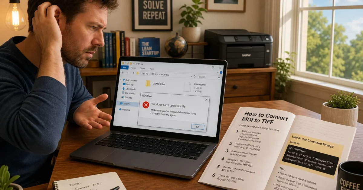 A man at a wooden desk looks frustrated at a laptop showing a Windows error message beside an open instruction book on converting MDI to TIFF.