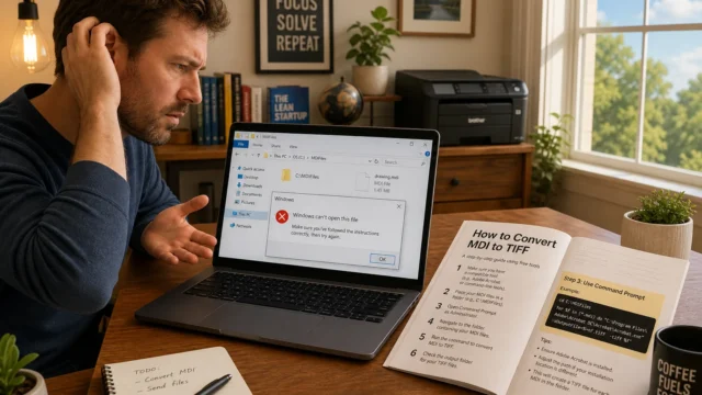 A man at a wooden desk looks frustrated at a laptop showing a Windows error message beside an open instruction book on converting MDI to TIFF.