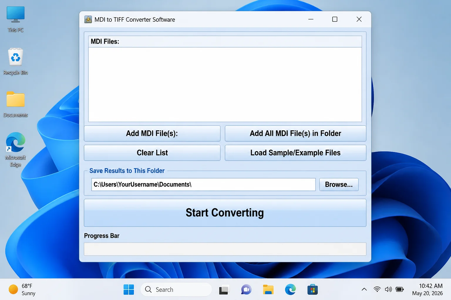 Microsoft MDI to TIFF File Converter installation window showing the destination folder