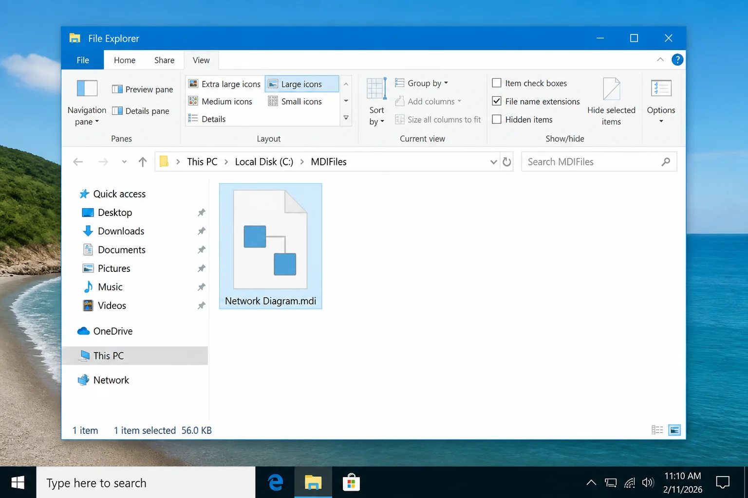 File Explorer open to C:\MDIFiles with an MDI file selected and its .mdi extension visible