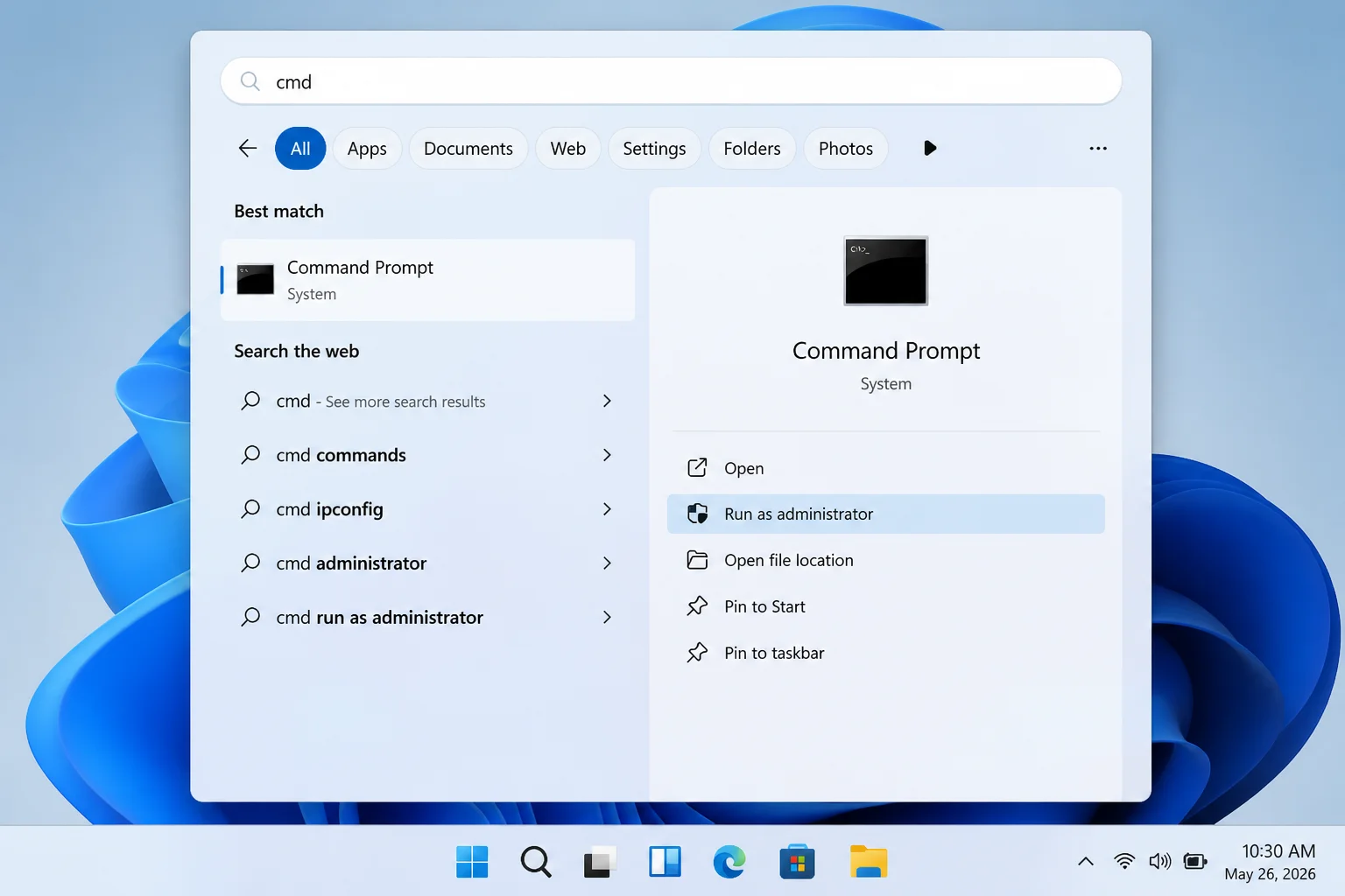 Windows 11 Start search results for Command Prompt with Run as administrator highlighted