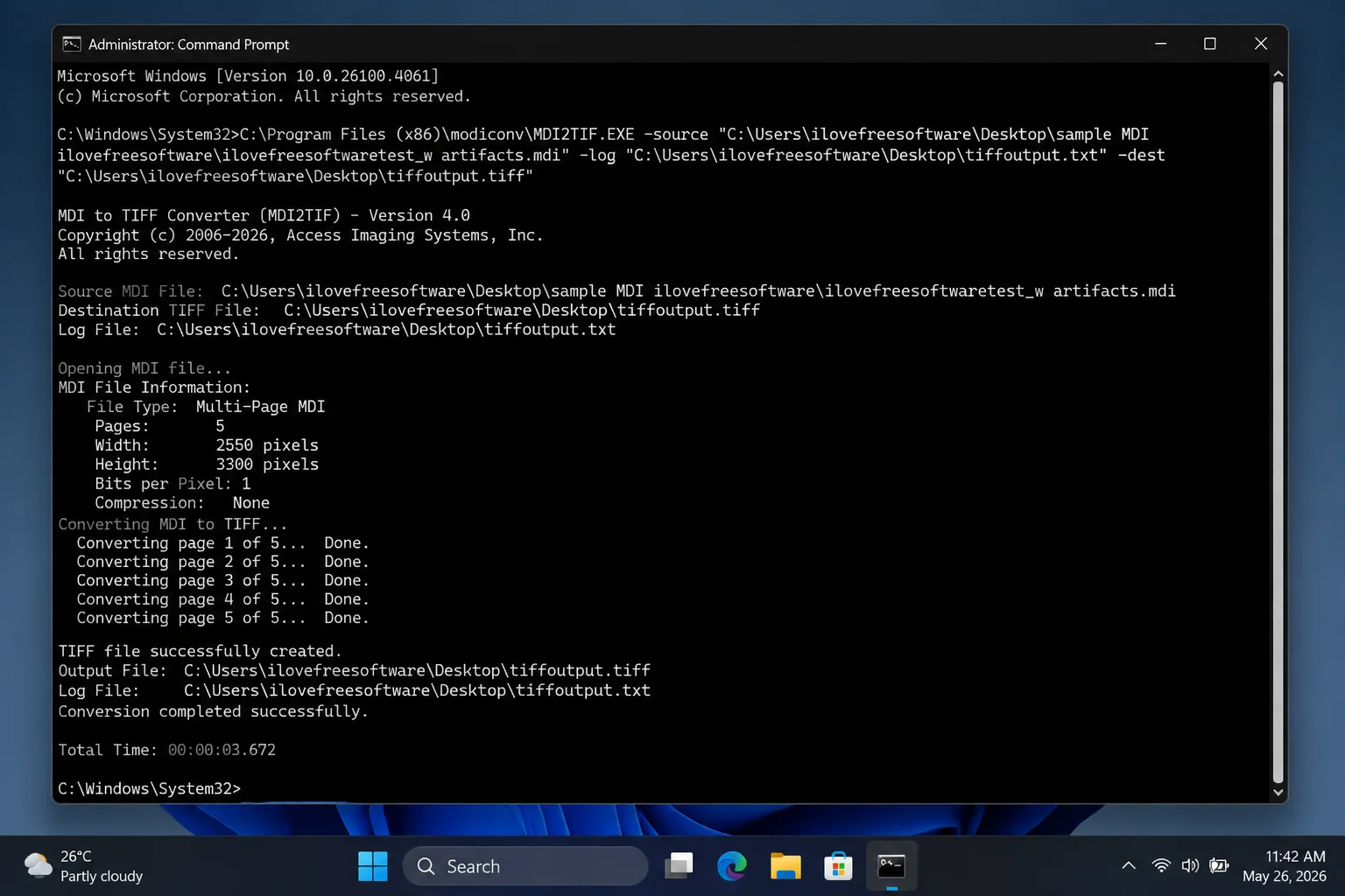 Administrator Command Prompt showing mdi2tif.exe converting an MDI file from C:\MDIFiles to a TIFF file