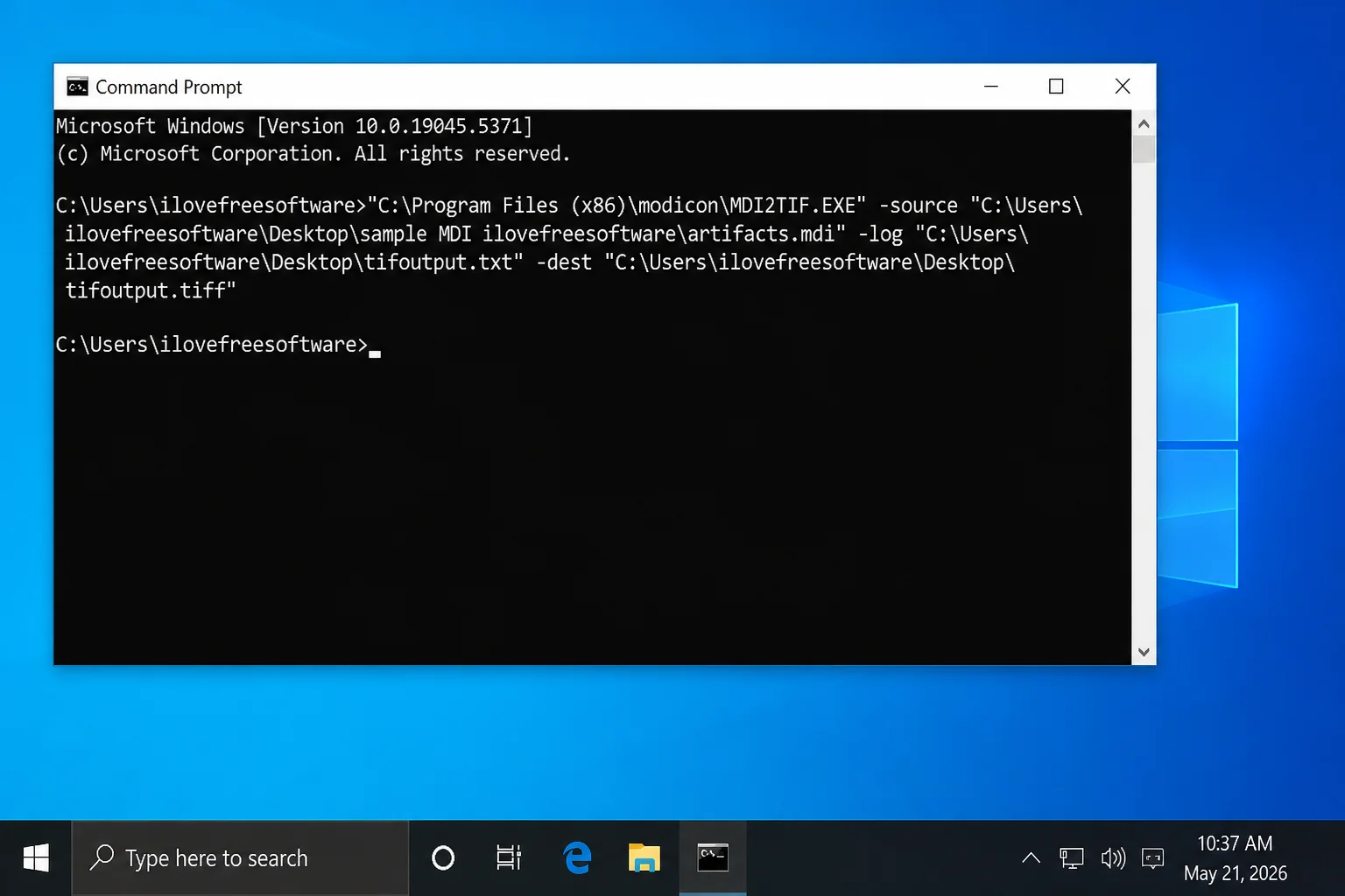 Administrator Command Prompt showing mdi2tif.exe with source, dest, and subfolders parameters for batch conversion