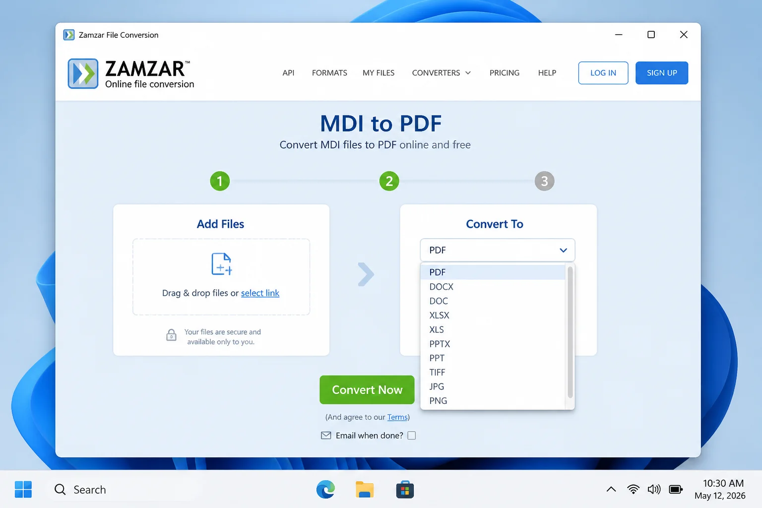 Zamzar MDI conversion page with an MDI file selected and PDF shown as the output format