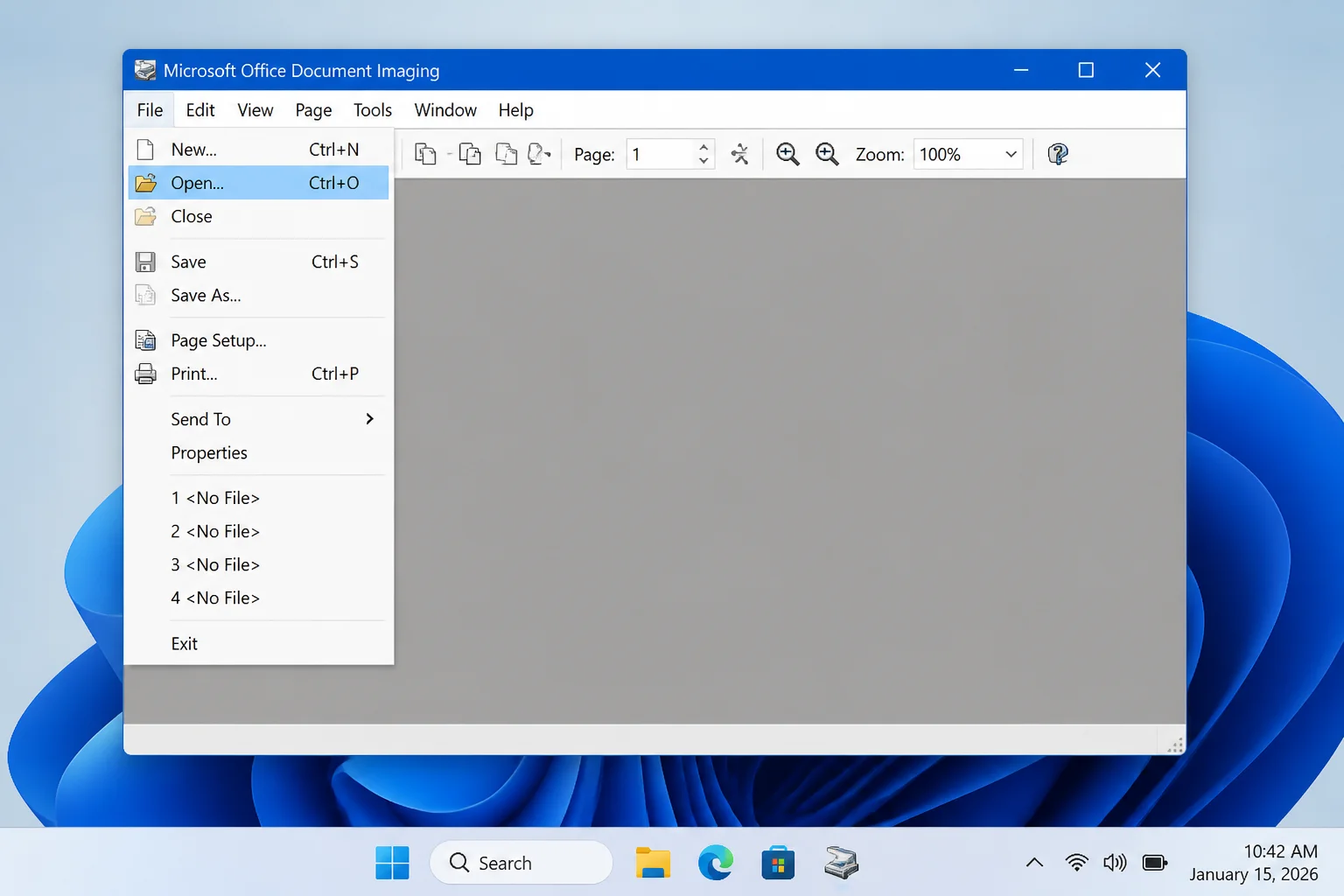 Legacy Microsoft Office Document Imaging window with the File menu open and Open selected