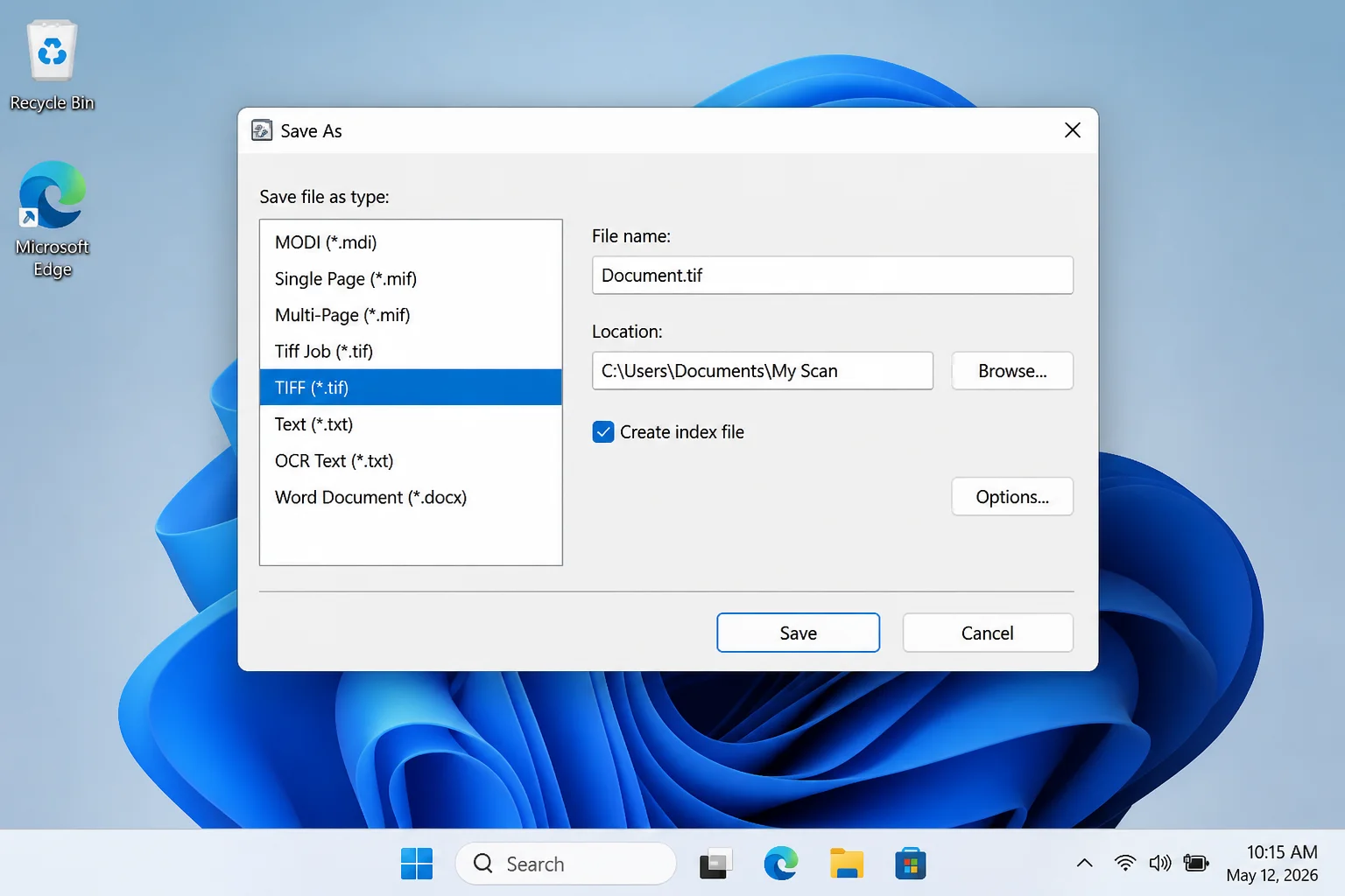 Legacy Microsoft Office Document Imaging Save As window with TIFF selected as the output format