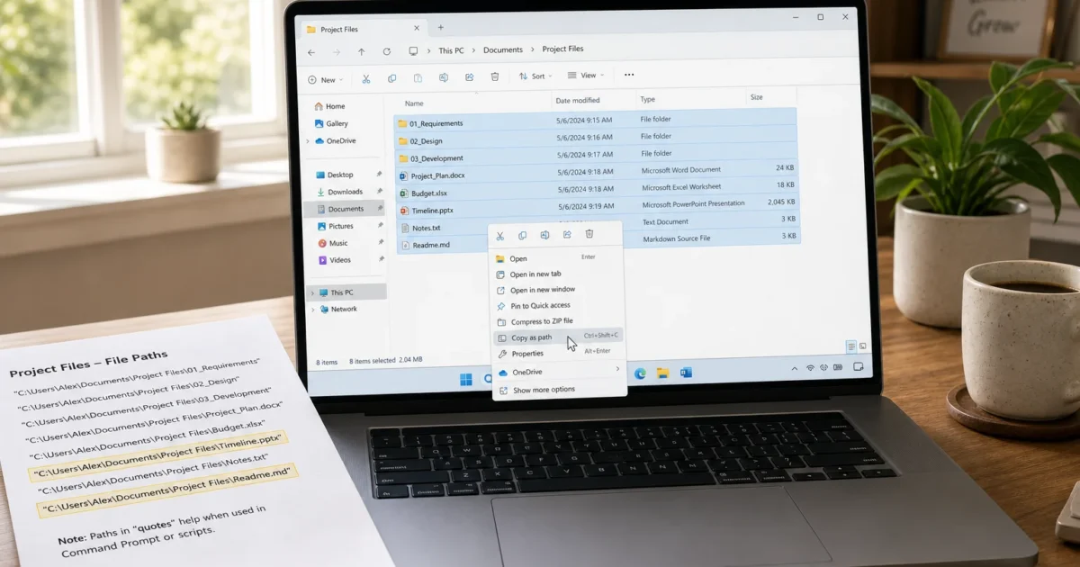 Laptop on a wooden desk shows Windows File Explorer with project folders; a printed document with highlighted lines lies nearby, plus a notebook and coffee cups to the side.