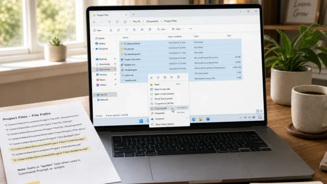 Laptop on a wooden desk shows Windows File Explorer with project folders; a printed document with highlighted lines lies nearby, plus a notebook and coffee cups to the side.