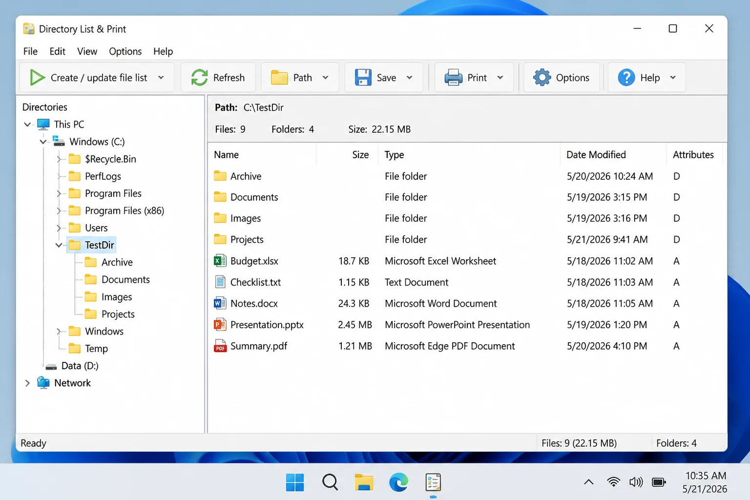 Directory List & Print with a target folder selected and file, folder, and subfolder options visible
