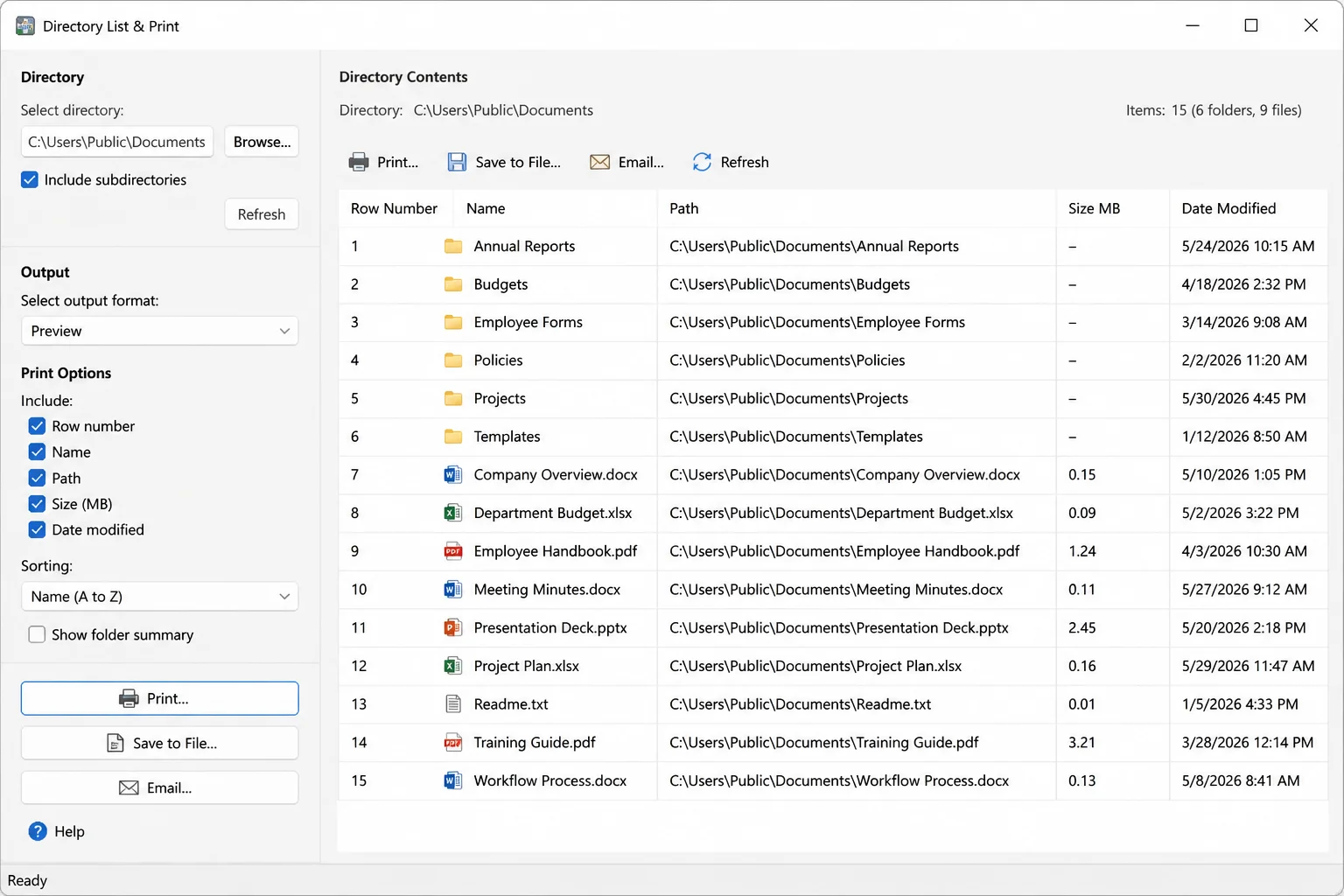 Directory List & Print preview showing file names, paths, sizes, and modified dates in separate columns