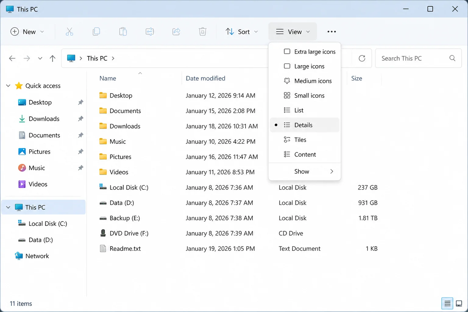 Windows 11 File Explorer in Details view with Name, Date modified, Type, and Size columns visible