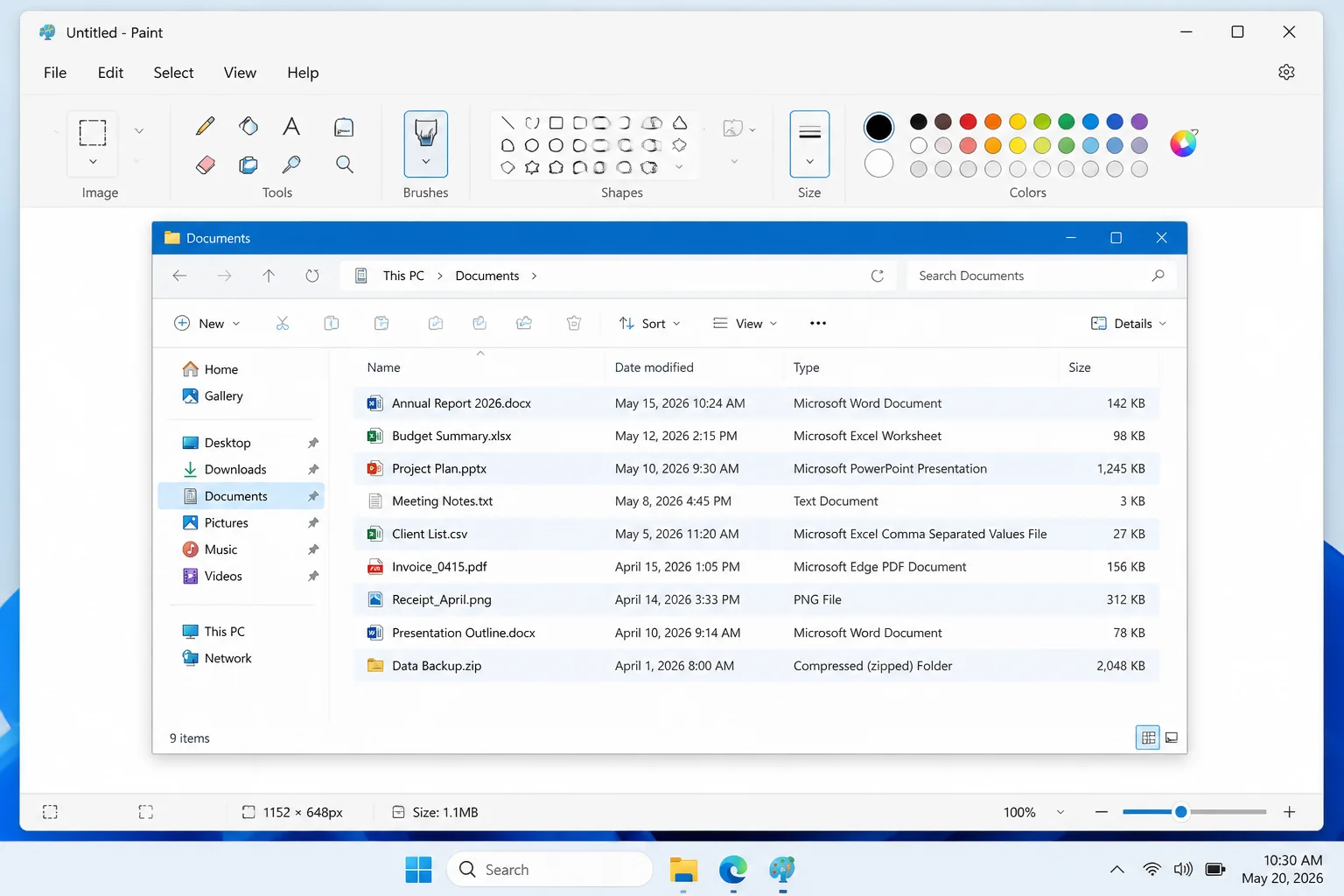 Paint showing a pasted screenshot of a File Explorer folder in Details view