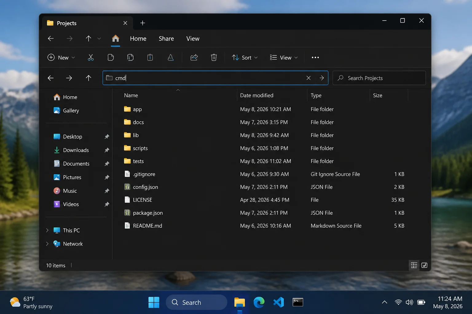 Windows 11 File Explorer open to a target folder with cmd typed in the address bar